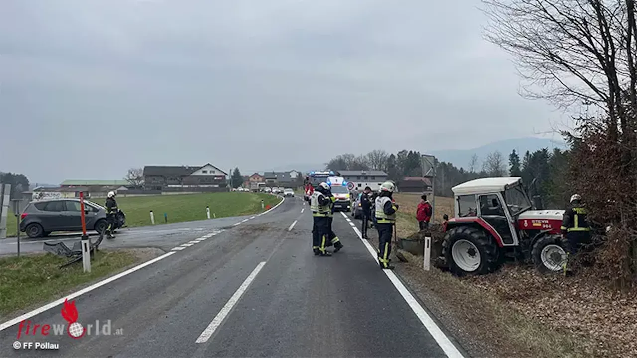 Stmk: Verletzte Person und Ladegutverlust nach Zusammenstoß von Pkw und Traktor in Pöllau