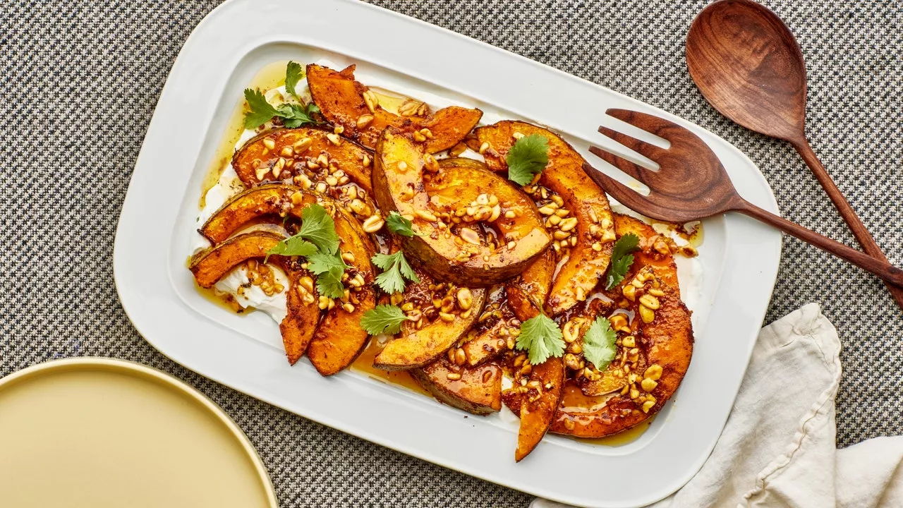 Spicy Baked Squash with Tangy Yogurt and Brown Butter Peanuts