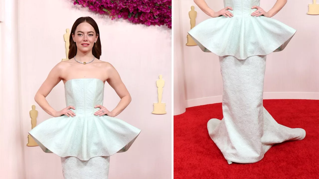 Emma Stone con el vestido de peplum blanco más elegante de Louis Vuitton en los Oscars 2024