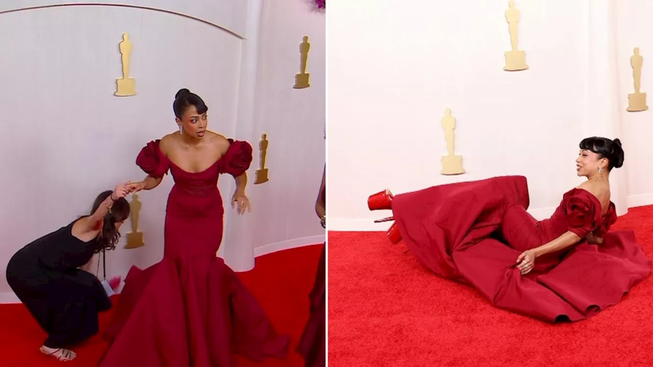 Actress Liza Koshy Takes a Tumble on the Oscars Red Carpet