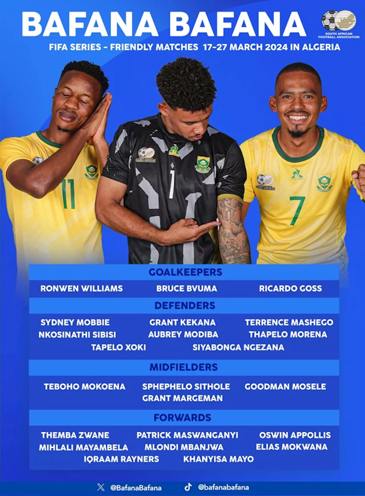 Hugo Broos names 23-man Bafana Bafana squad for FIFA series