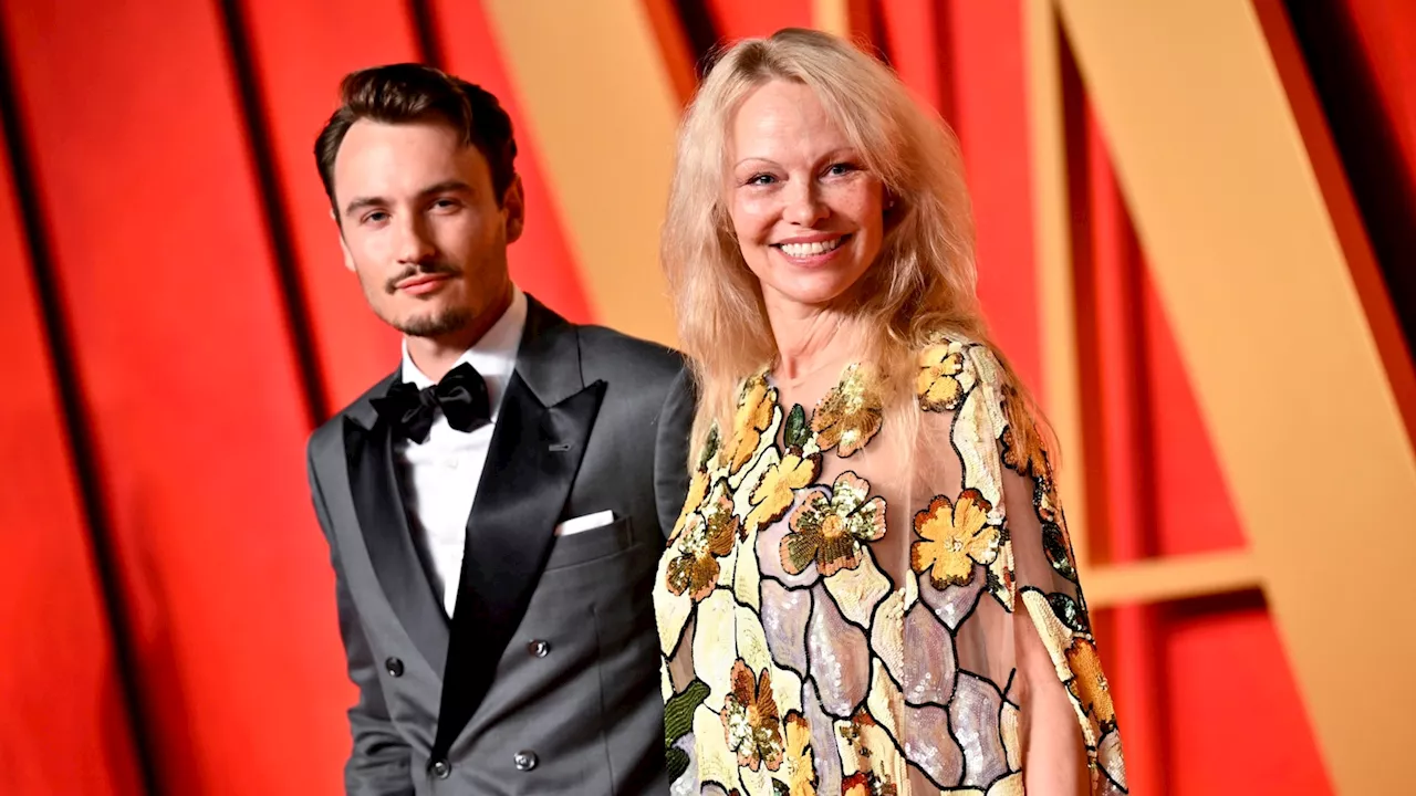 Pamela Anderson poses makeup-free with son Brandon at 2024 Vanity Fair Oscar Party