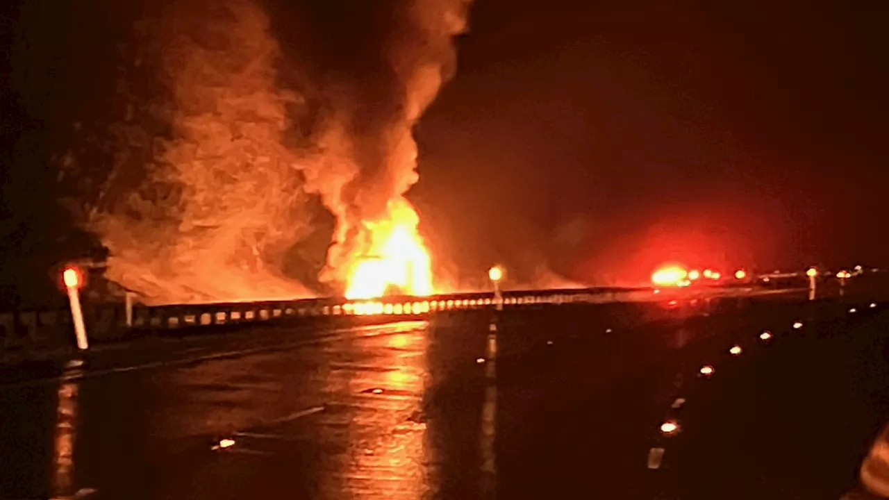 Westbound I-90 near Tinkham Campground due to RV on fire with 'ammunition exploding'