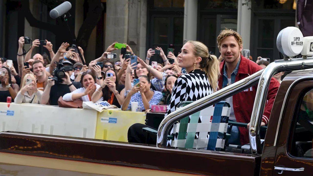 Ryan Gosling, Emily Blunt arrive at 'The Fall Guy' world premiere on a pickup truck