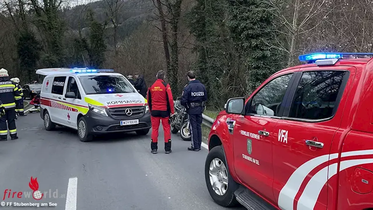 Stmk: Pkw-Motorrad-Kollision in Kurve auf der L 409 bei Stubenberg am See → zwei Verletzte