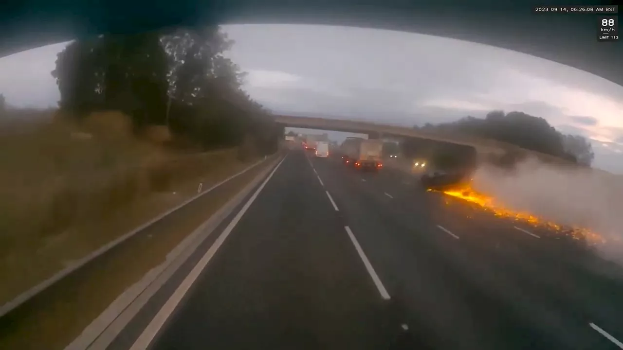 Dramatic Video Shows Upside-Down Vehicle Shooting Flames on UK Highway