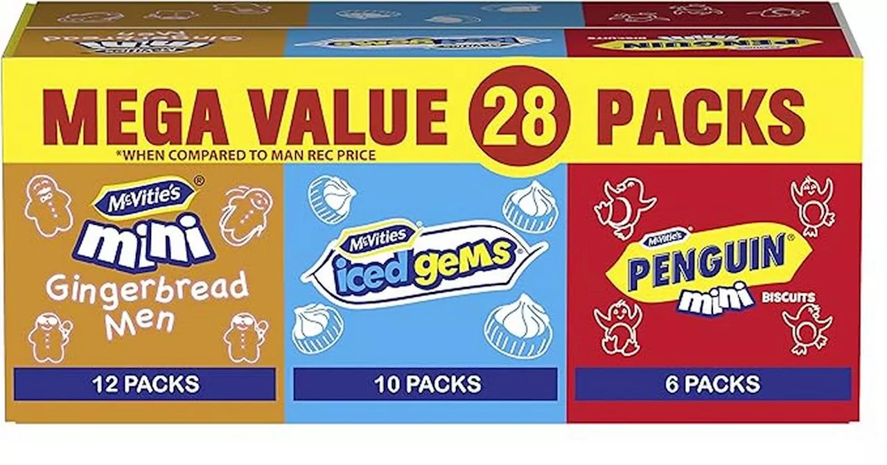 Amazon biscuit box containing Gingerbread Men, Iced Gems and Penguins