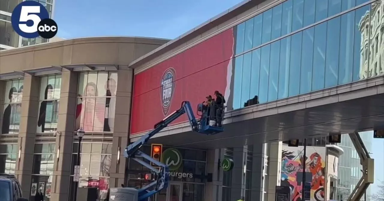 WATCH: Crews install wrap for NCAA Women's Final Four in Cleveland