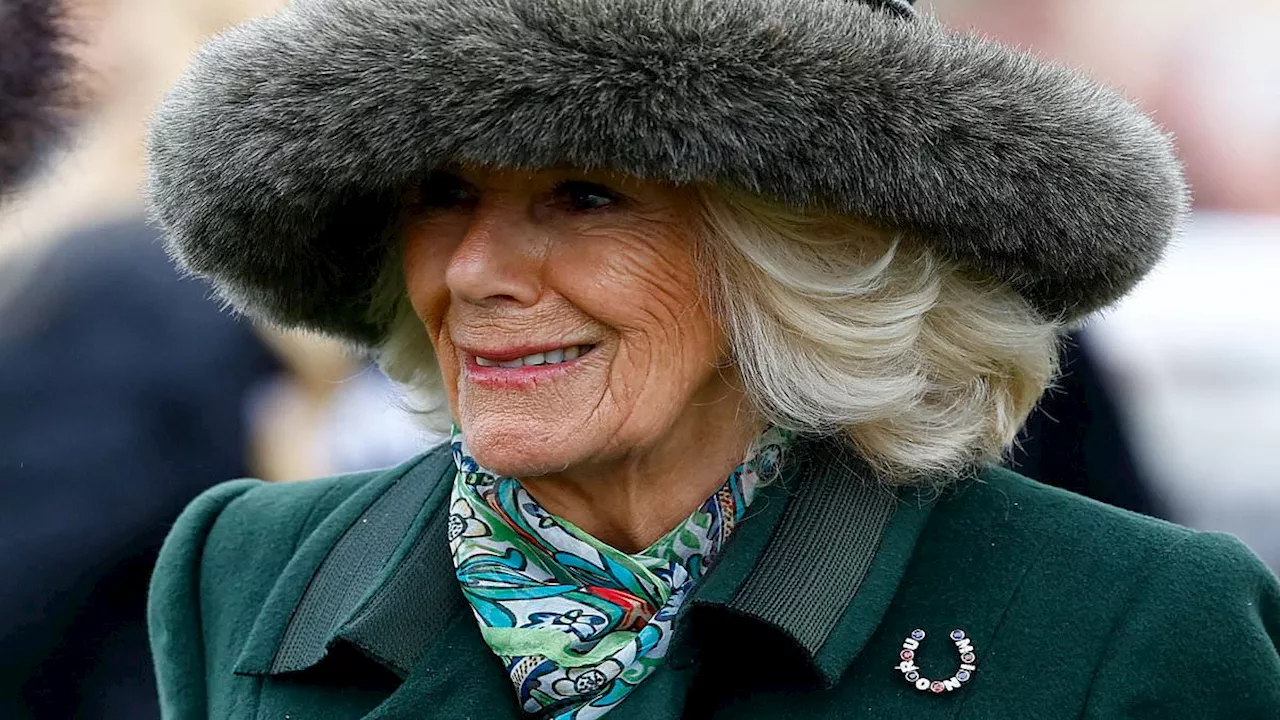 Hidden message in Queen Camilla's brooch as she attends Cheltenham without King Charles