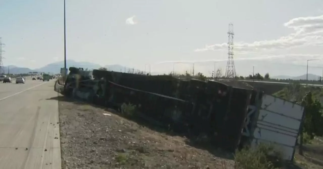 Fontana winds overturn a semi truck on the 210 Freeway