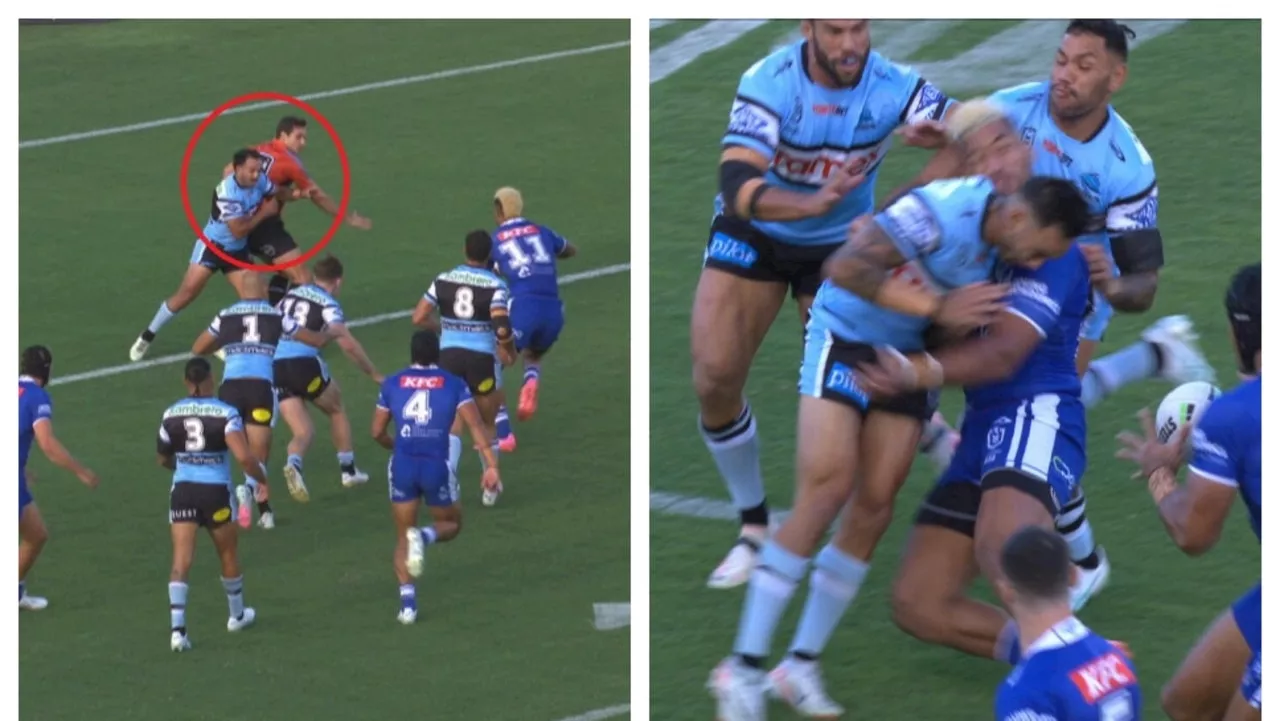 NRL chaos erupts as ugly tackle floors Dogs star, ref in try controversy