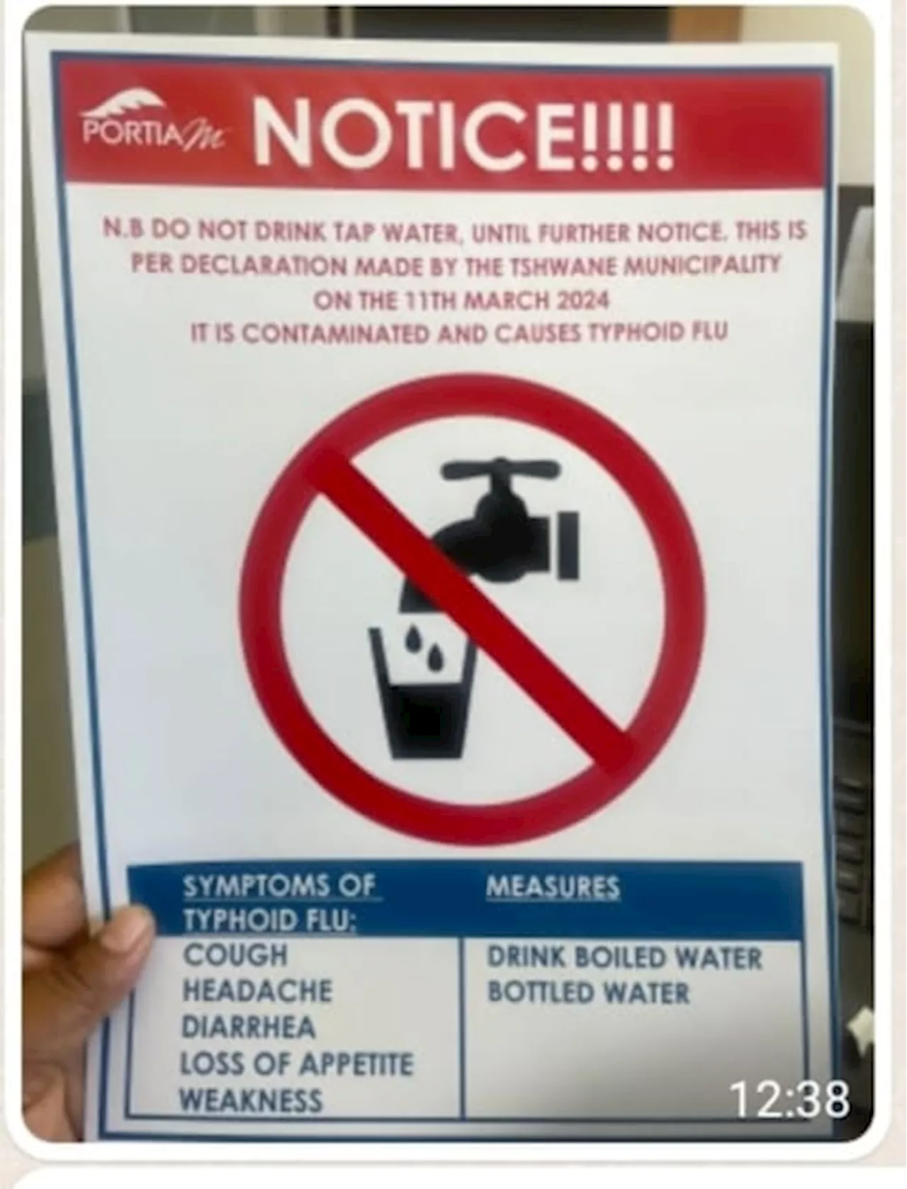 No contaminated water is causing typhoid flu says Tshwane