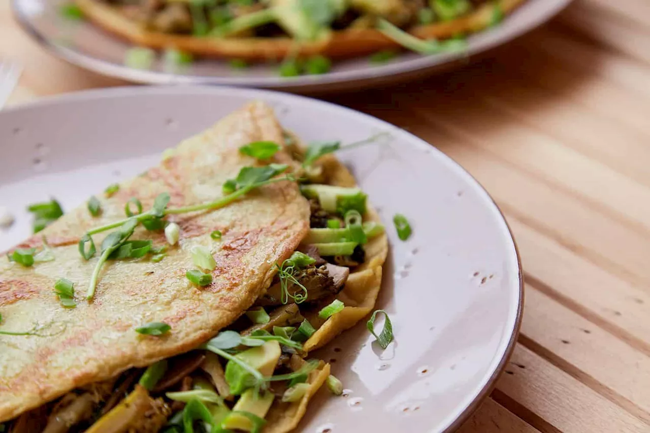 Recipe of the day: Mushroom loaded chickpea pancakes with Avo salsa and Tahini Sauce