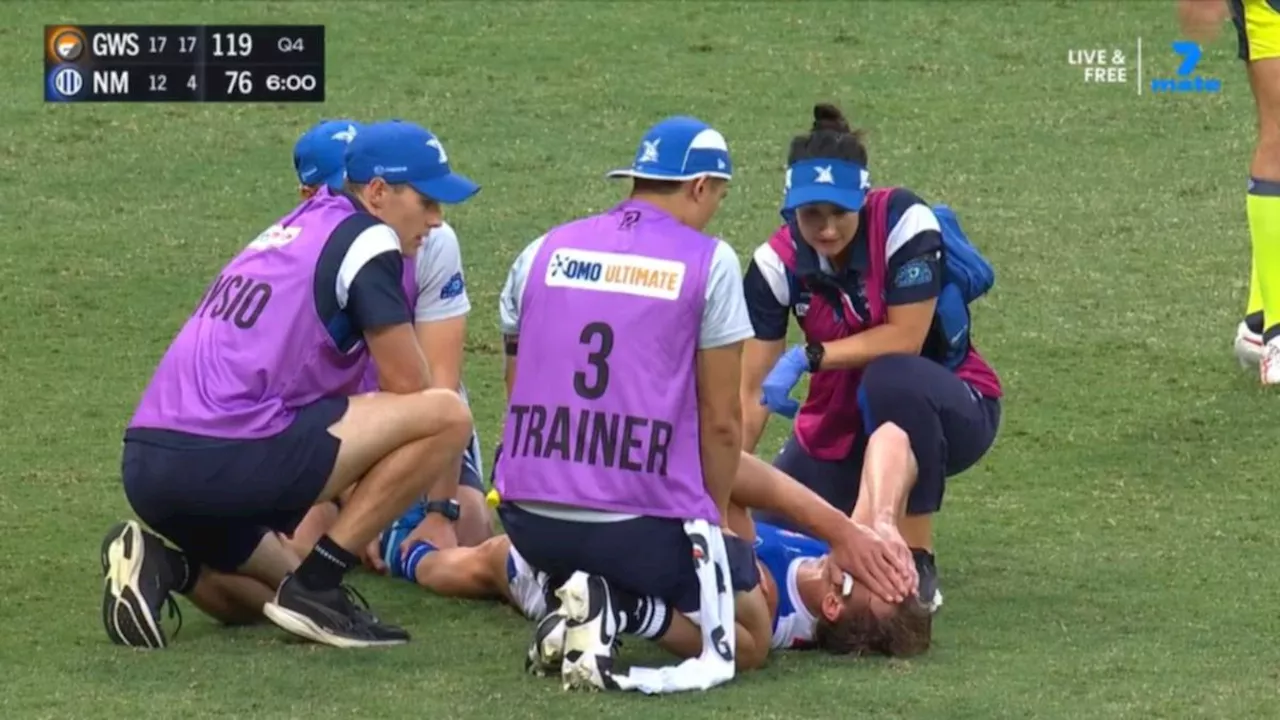 Josh Goater goes down with suspected Achilles injury during North Melbourne’s AFL clash with GWS