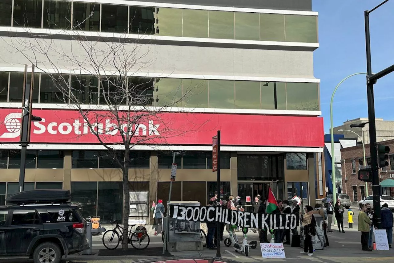 Kelowna protesters call for Scotiabank to divest from weapons manufacturer