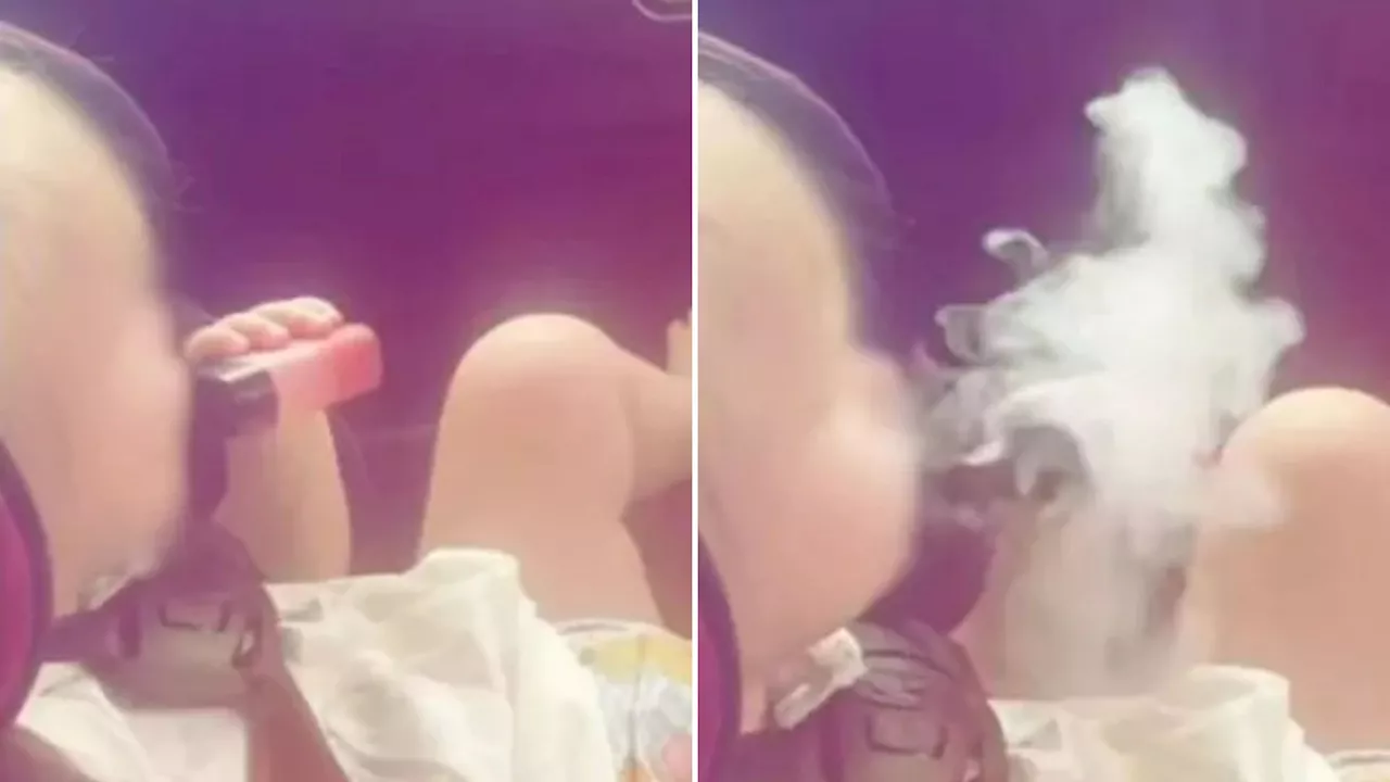 Shocking video emerges showing a baby in a nappy puffing on a vape before coughing fit...