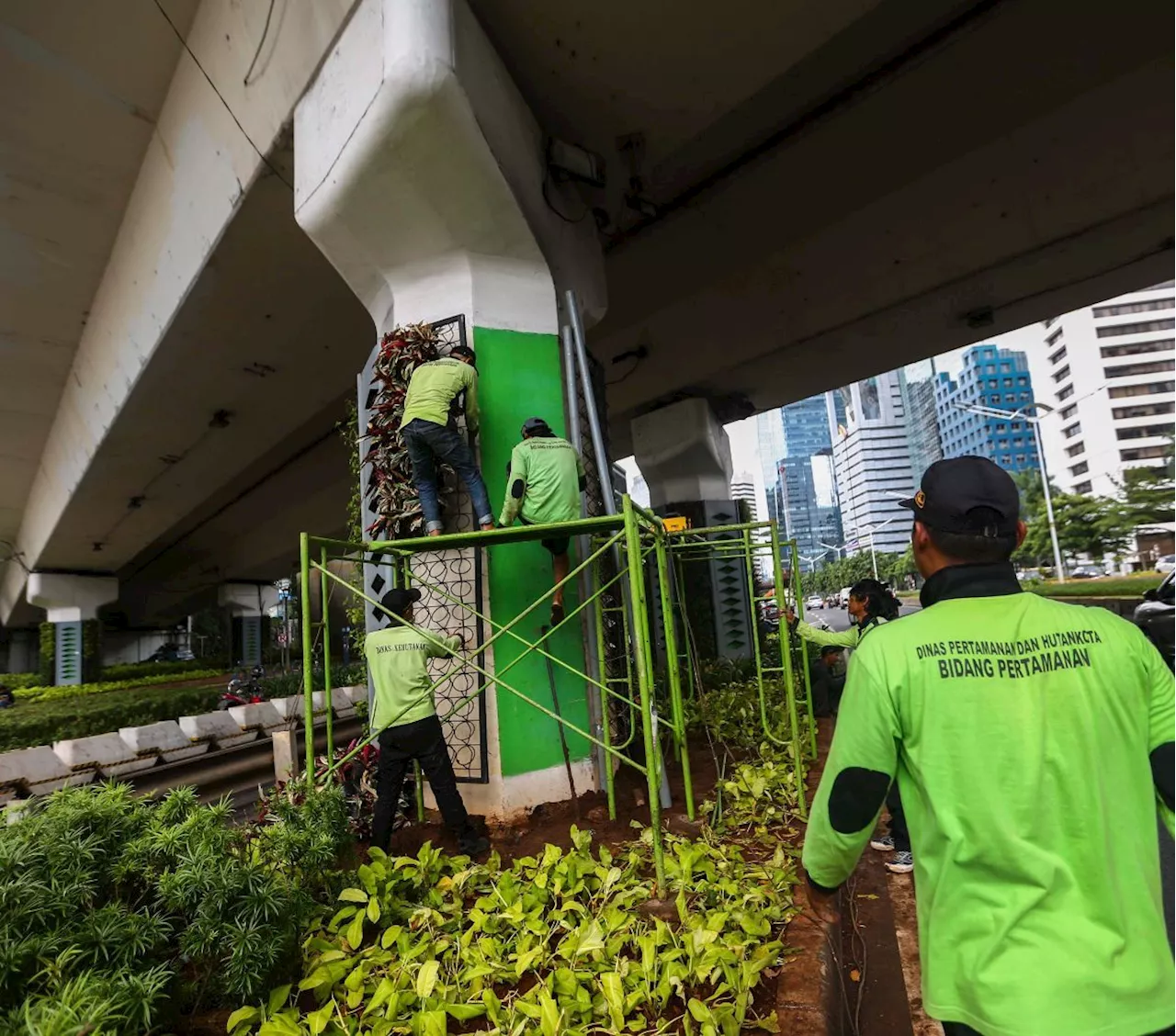 FOTO: Petugas Percantik Taman Vertikal di Kawasan Sudirman Jakarta