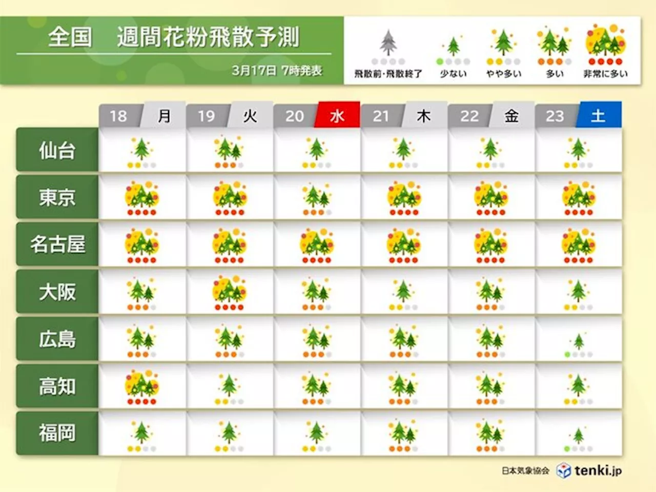 今週も花粉の大量飛散続く 東京ではようやく折り返し地点か 引き続き万全の対策を(気象予報士 牧 良幸 2024年03月17日)