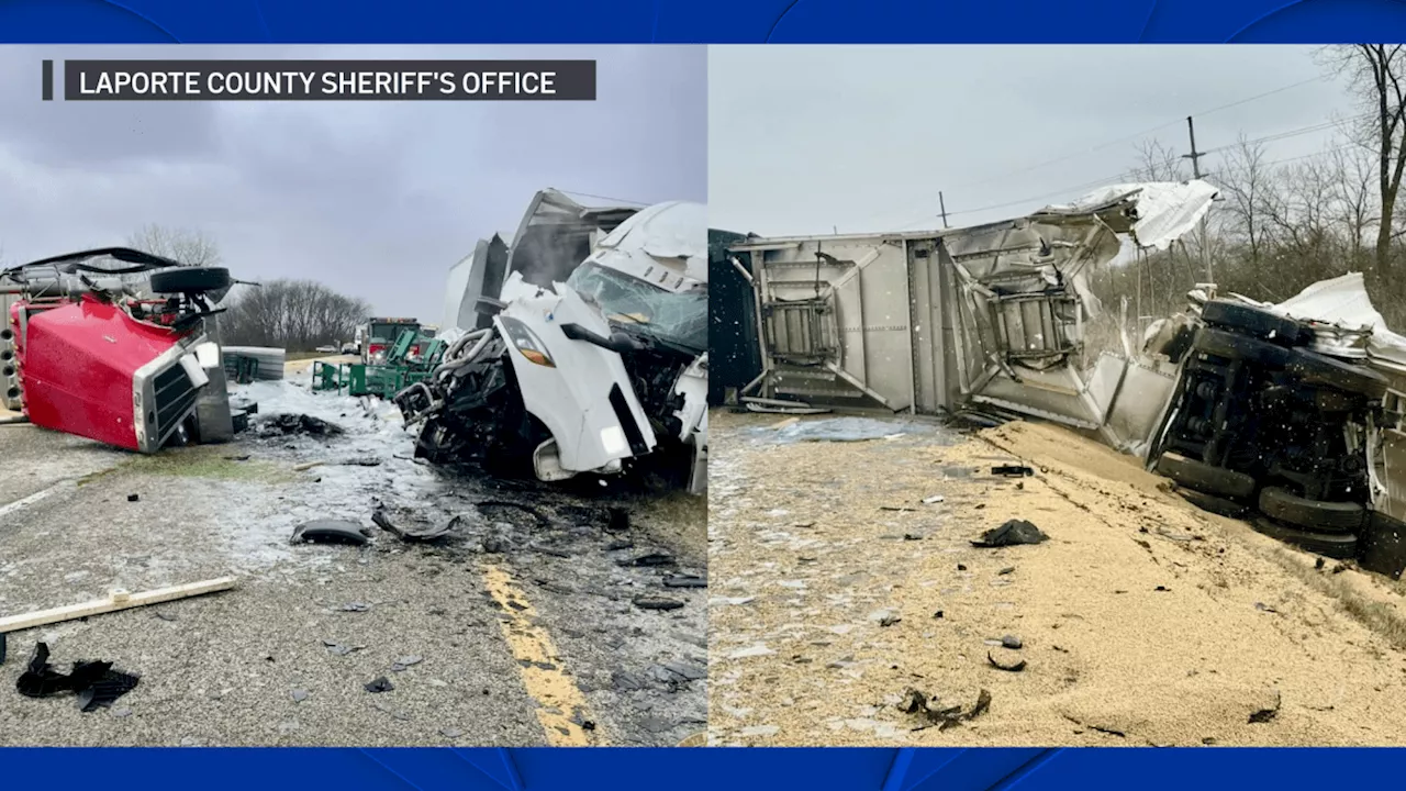 Semi hauling grain collides with second truck in LaPorte County, portion of US 30 closed