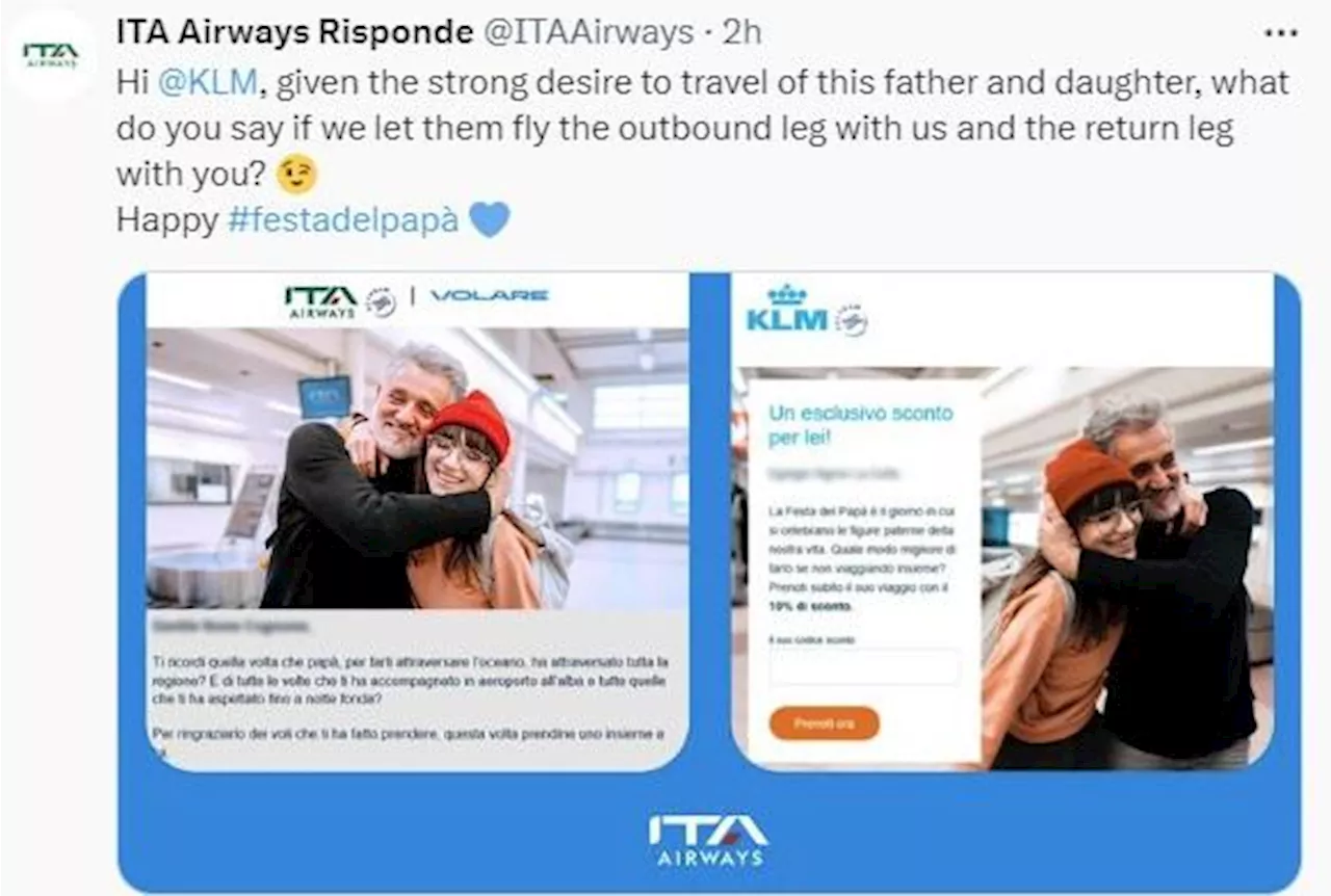 Festa del papà, stessa foto sui social per Ita-Klm: le reazioni opposte