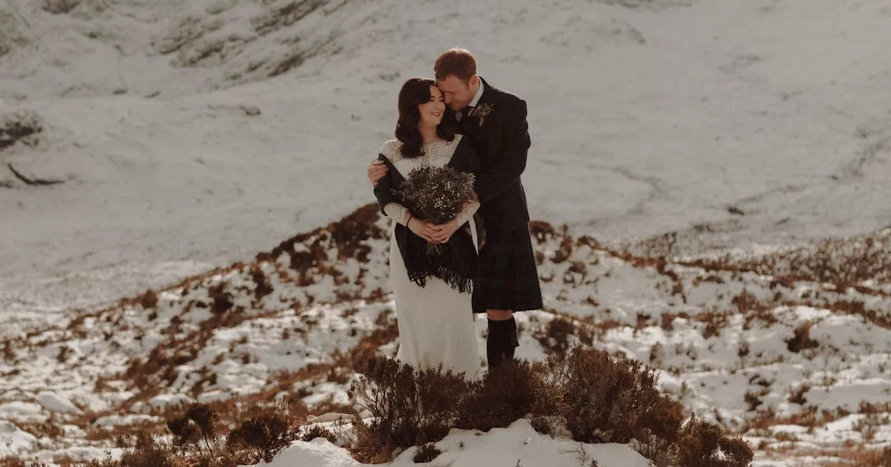 Bride and groom's magical wedding pictures on snow-covered Isle of Skye mountain