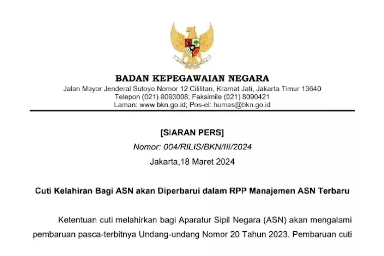 Cuti Kelahiran bagi ASN Bakal Diperbarui dalam RPP Manajemen, BKN Targetkan April 2024 Tuntas