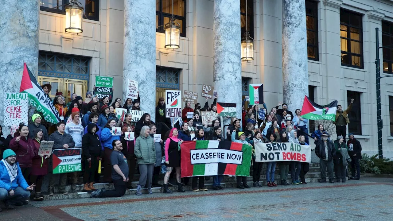 Protesters rally at state Capitol for Gaza ceasefire and against Dunleavy’s protest crackdown bill