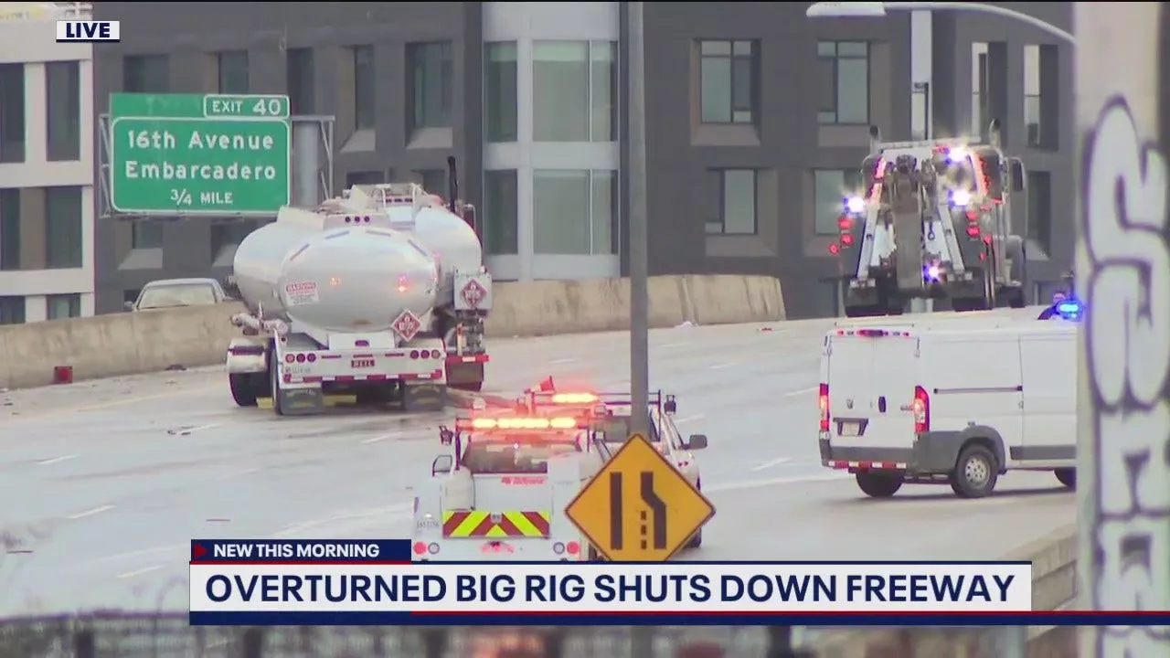 Big-rig crashes, overturns, leaks fuel and shuts down I-880 lanes in Oakland