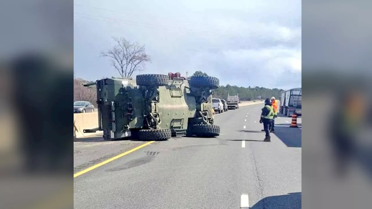 No injuries reported following military vehicle rollover on Highway 401 in Oshawa