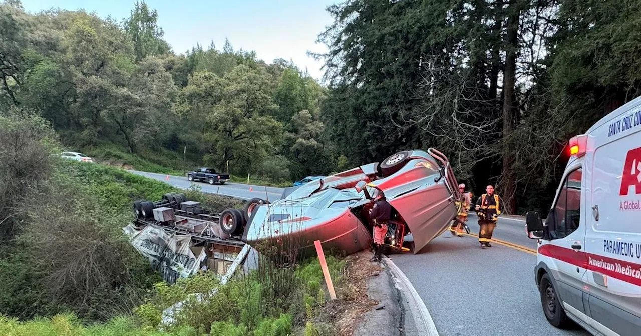 Overturned big rig shuts down State Route 152 near Watsonville