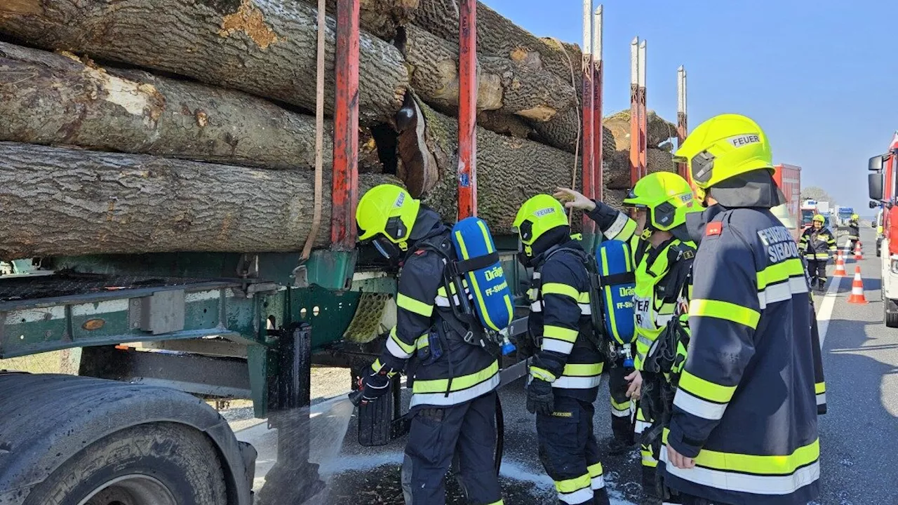 Holztransporter fing während der Fahrt Feuer