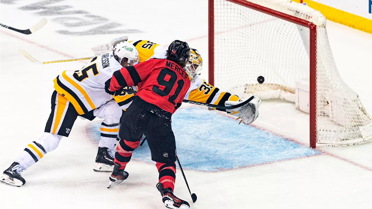 Meier, Mercer score twice, Allen makes 36 saves as Devils beat Penguins