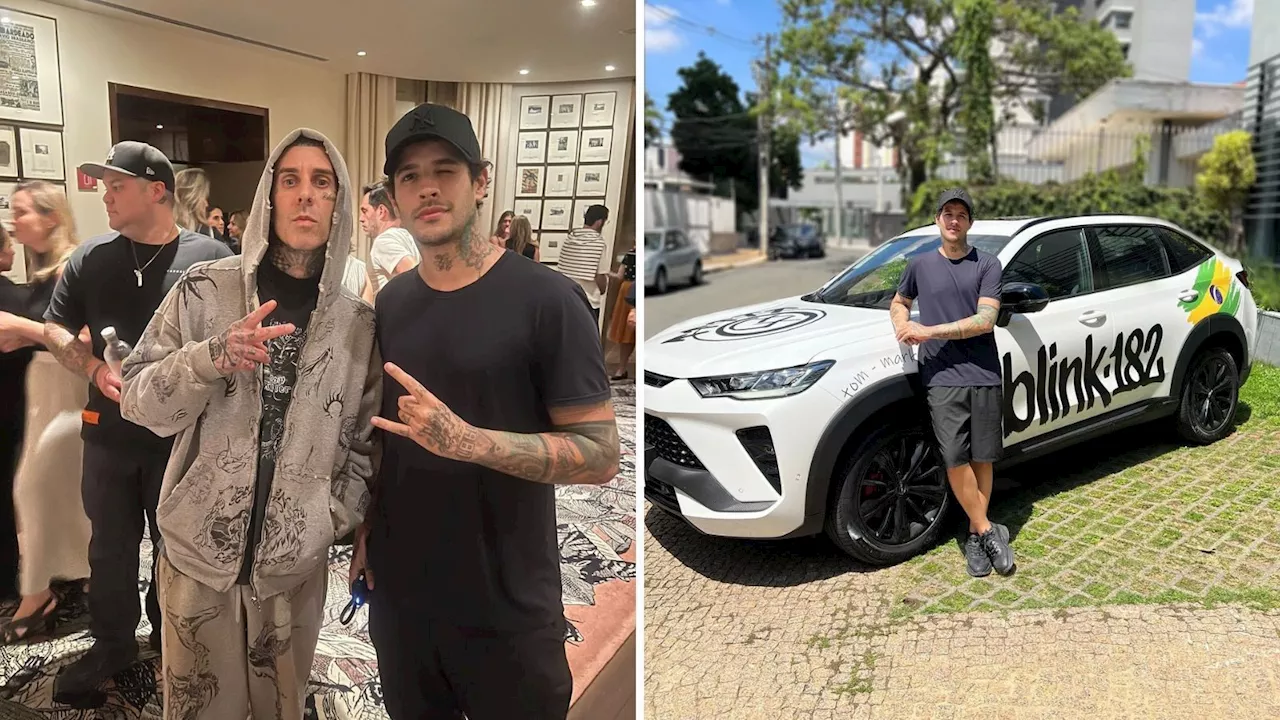 Ex-BBB Rafinha conhece baterista Travis Barker, do Blink-182