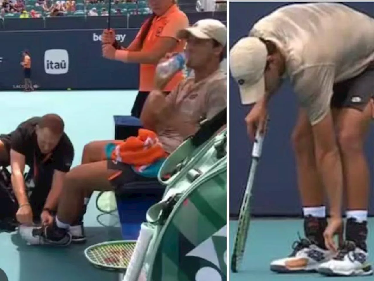 Darderi rompe le scarpe ai Miami Open: non ha quelle di riserva