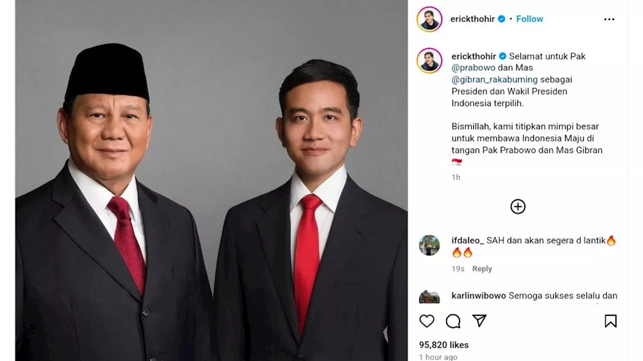 Prabowo-Gibran Menang Pilpres, Erick Thohir Titip Pesan Ini