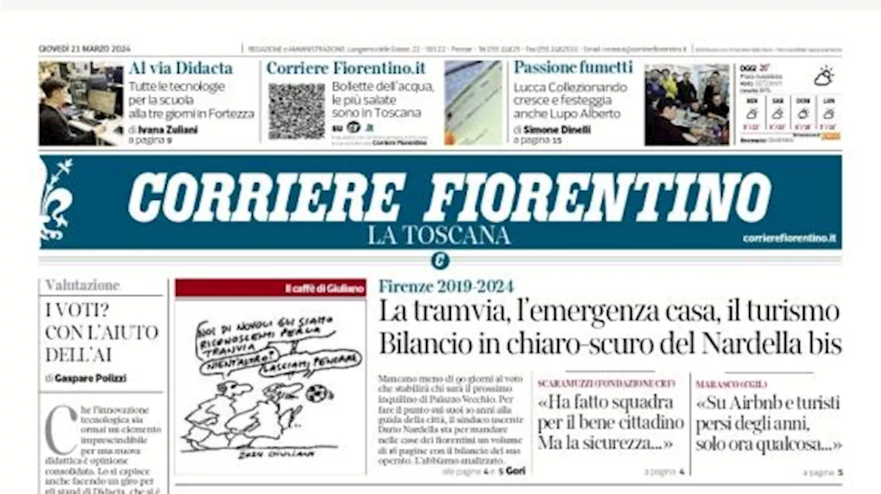 Il Corriere Fiorentino stamani in prima pagina: 'In 10 mila per l'addio a Barone'