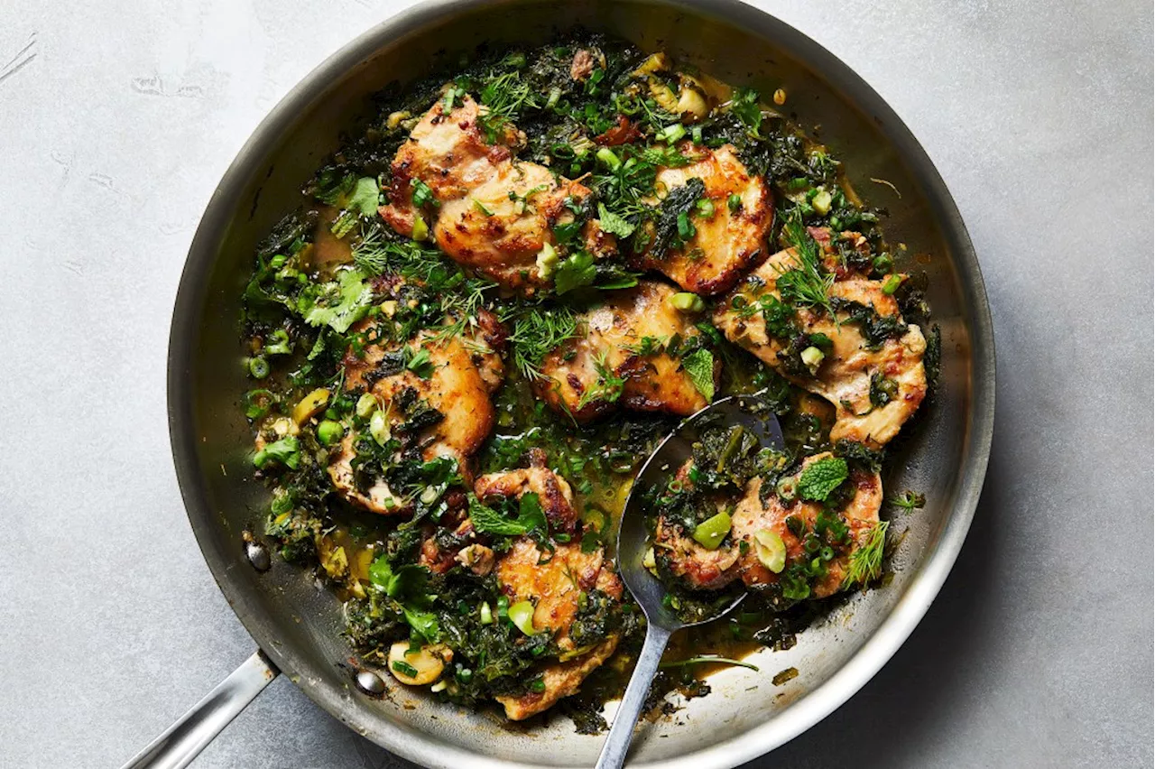 A weeknight skillet chicken dinner, rich with greens