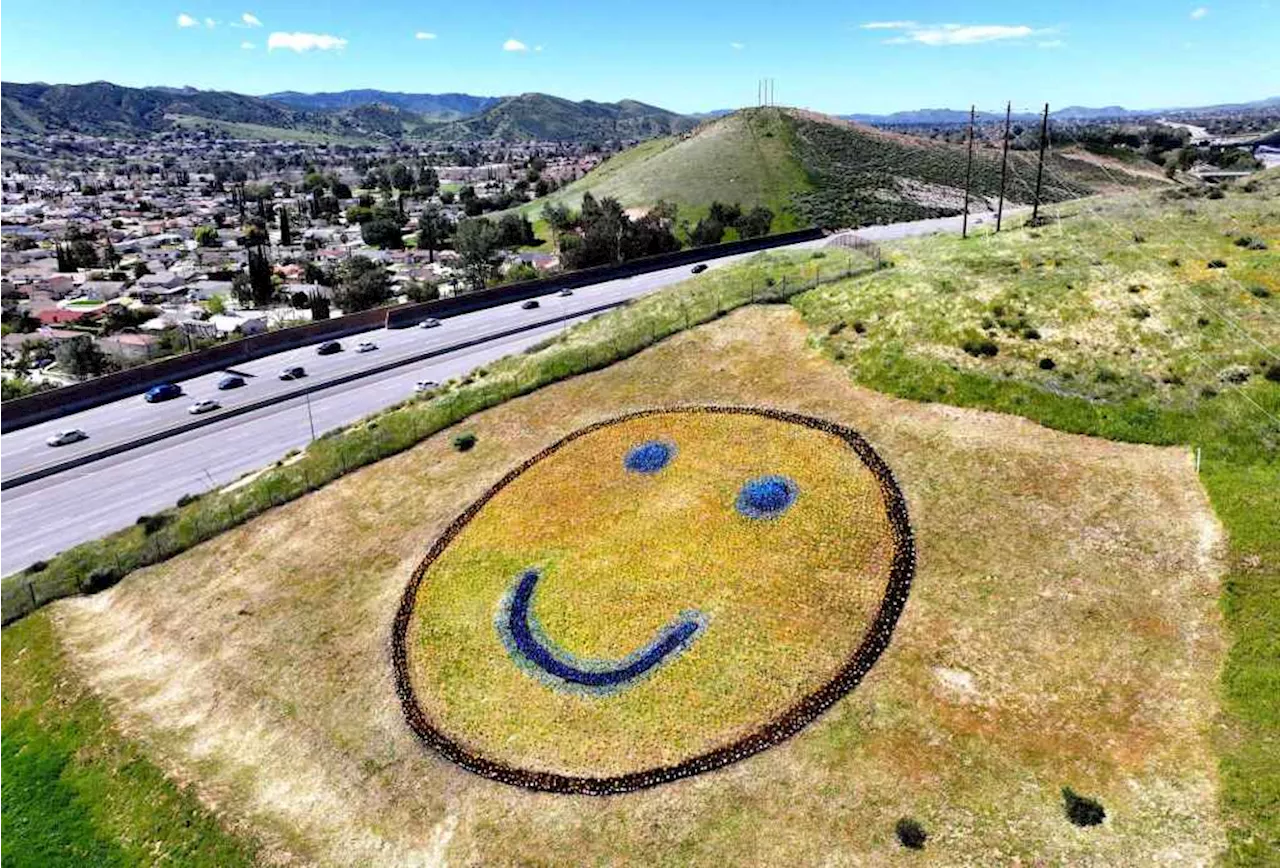 Happy Face Hill on the 118 Freeway gets a vibrant blue and yellow facelift