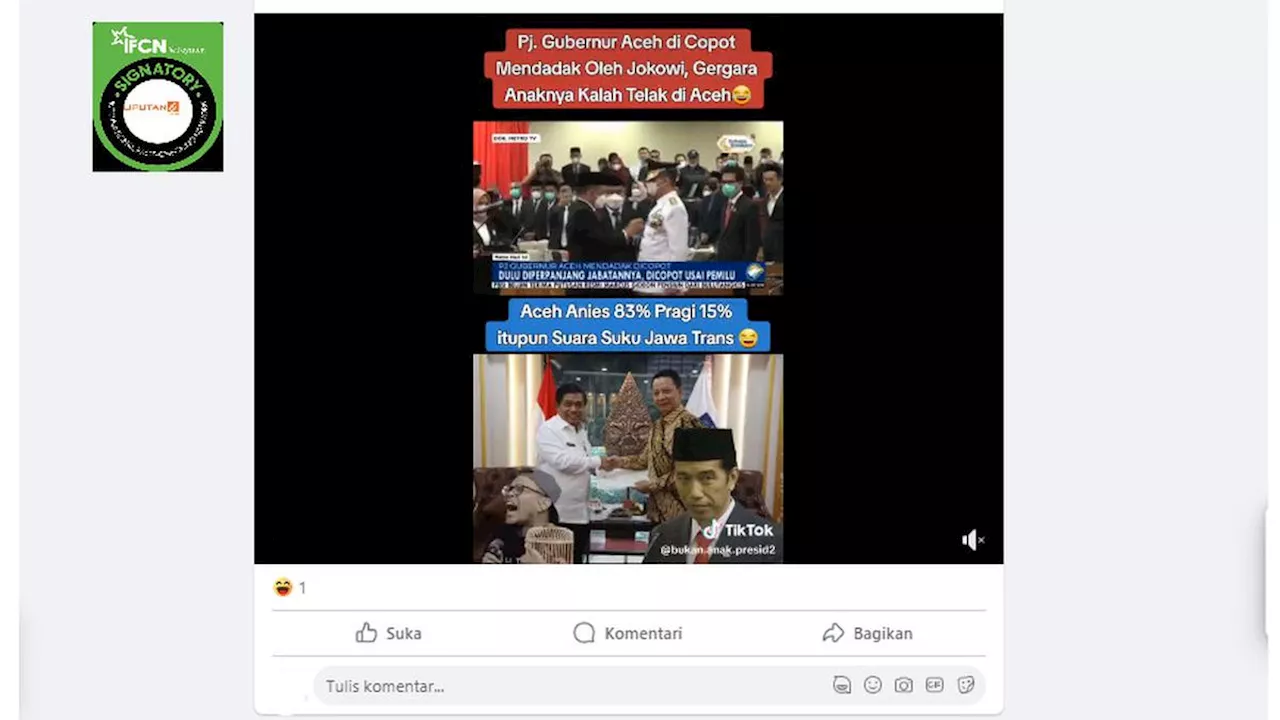 Cek Fakta: Klarifikasi Pj Gubernur Dicopot Jokowi karena Anies Menang di Aceh