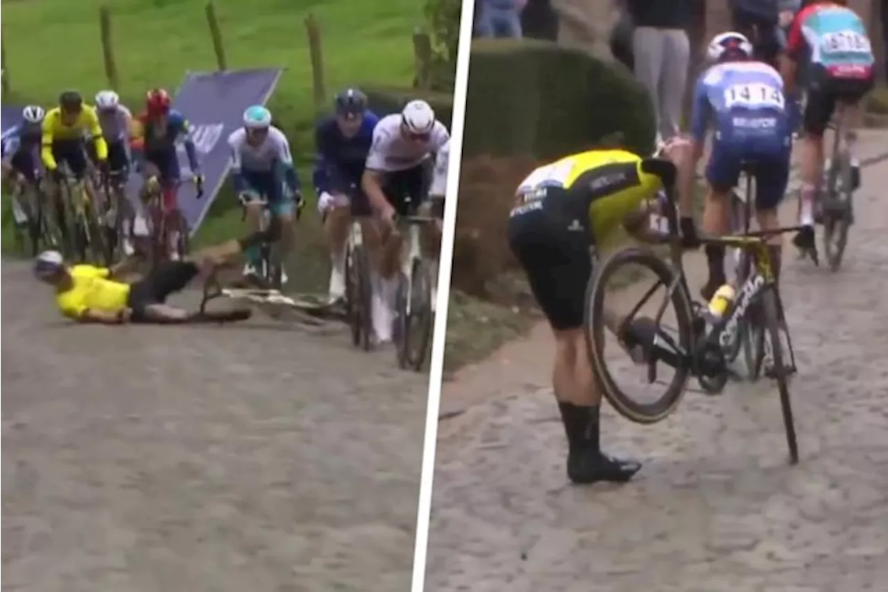 VIDEO. Drama voor Wout van Aert: topfavoriet valt aan voet van de Paterberg, Mathieu van der Poel kijkt niet a