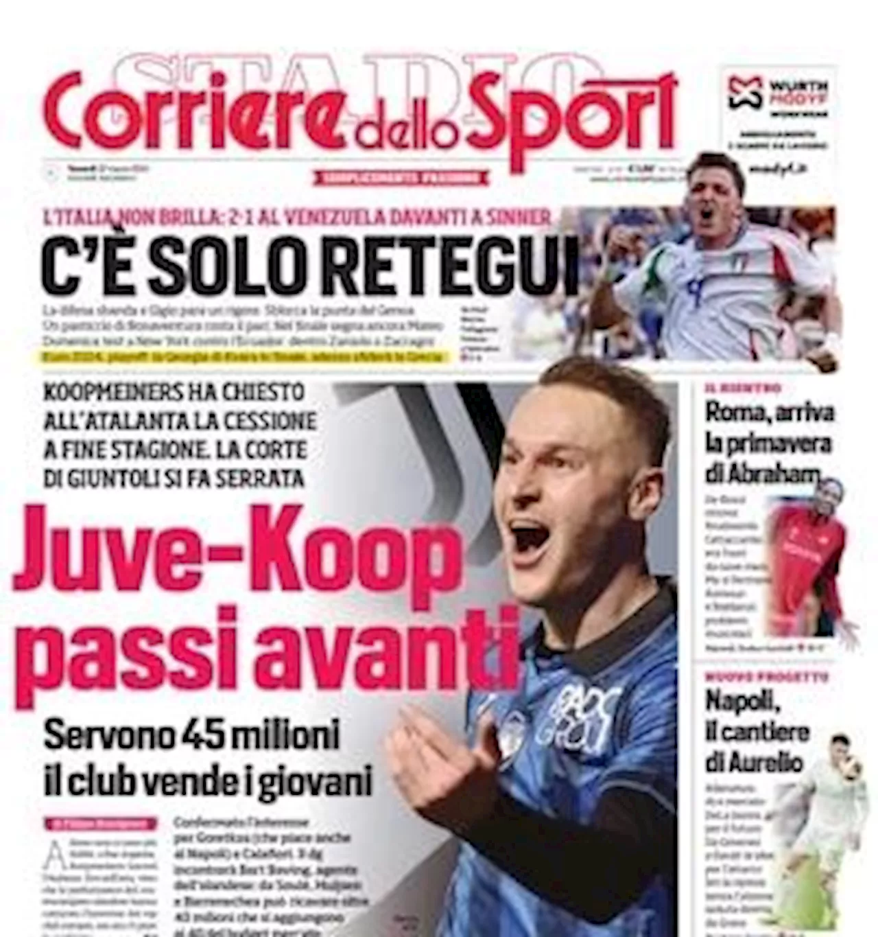 La prima pagina del Corriere dello Sport: 'Juve-Koopmeiners, passi avanti'