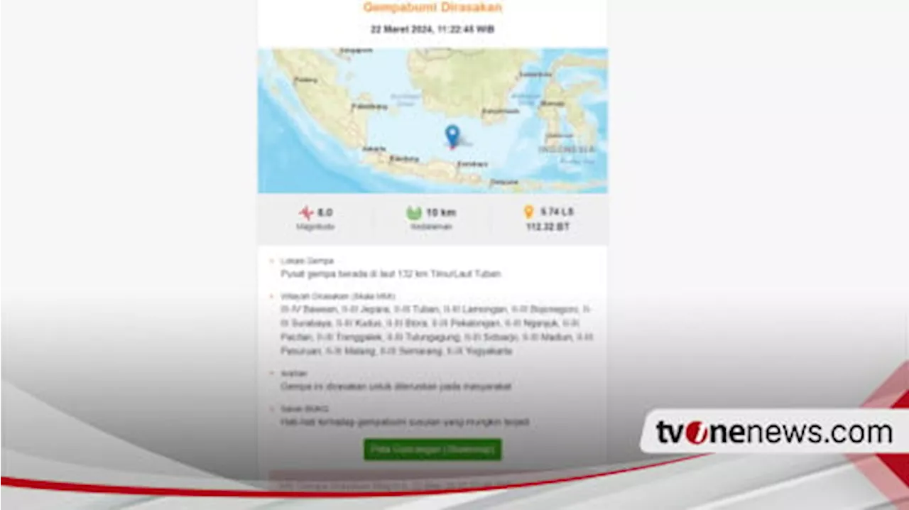 Gempa Bumi Magnitudo 6 di Tuban Terasa hingga ke Jawa Tengah