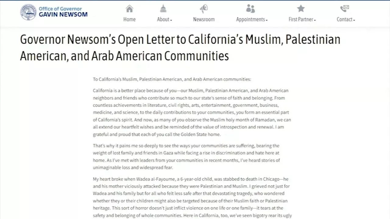 Governor Newsom calls for cease-fire in Gaza in open letter to CA Muslims and Arabs