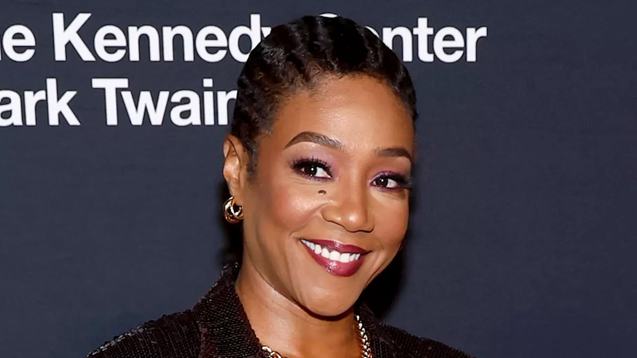 Tiffany Haddish dazzles in a sparkling sequin suit alongside chic Regina Hall and Chelsea Handler as...