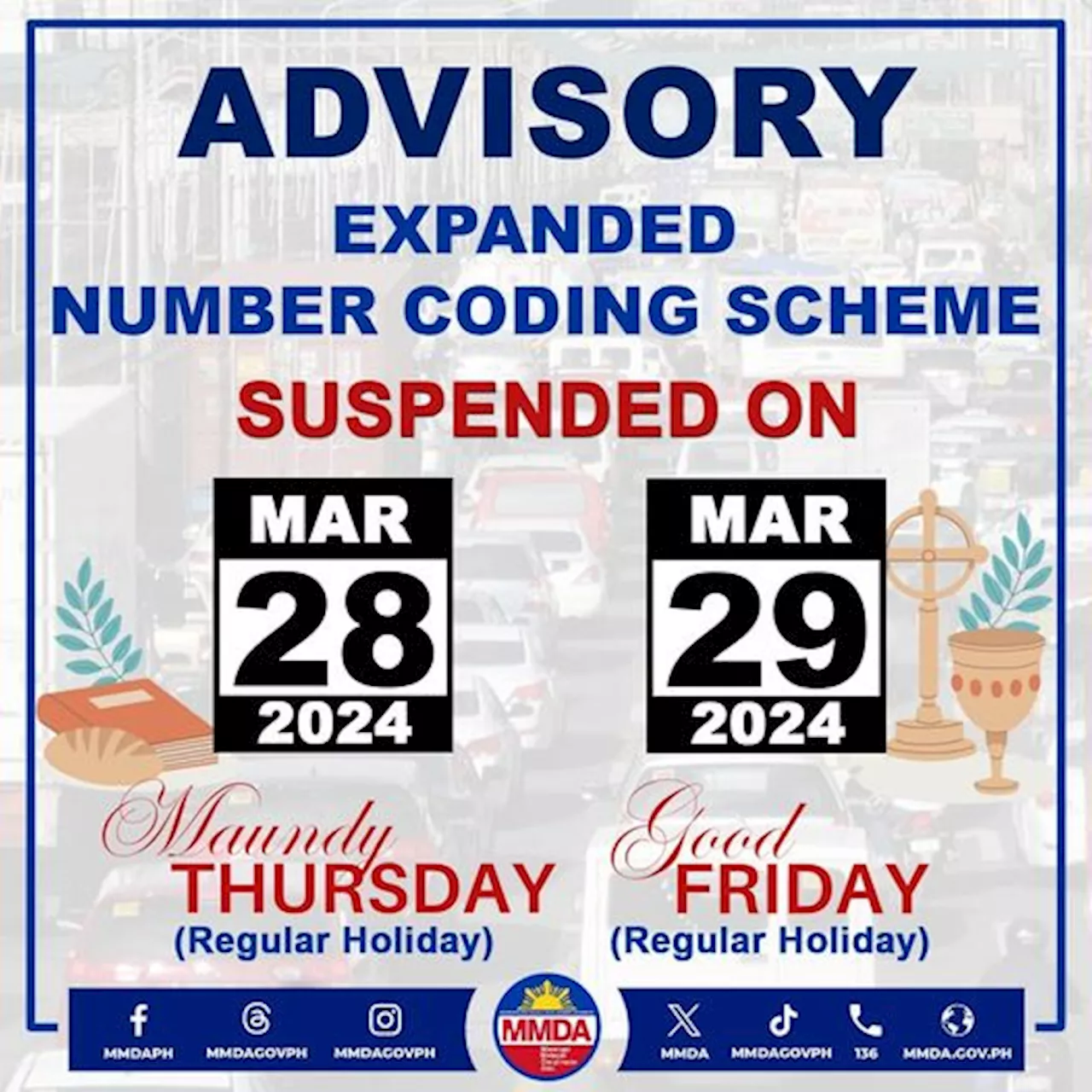 MMDA: No number coding on Maundy Thursday, Good Friday