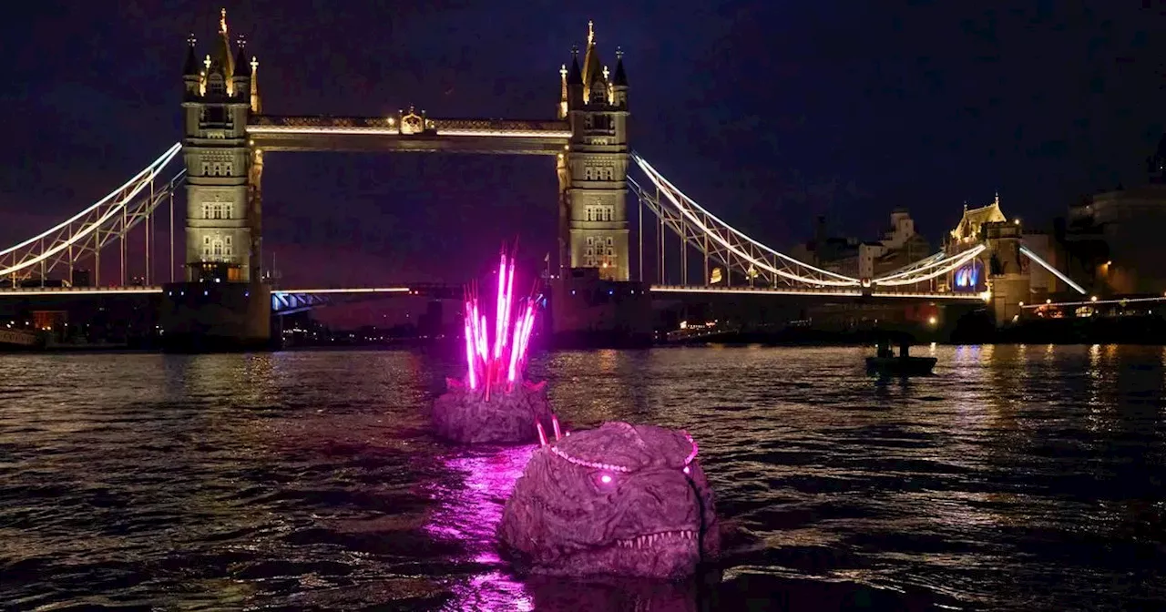 Two giant titans of cinema, Godzilla and Kong, spotted in the Thames in London