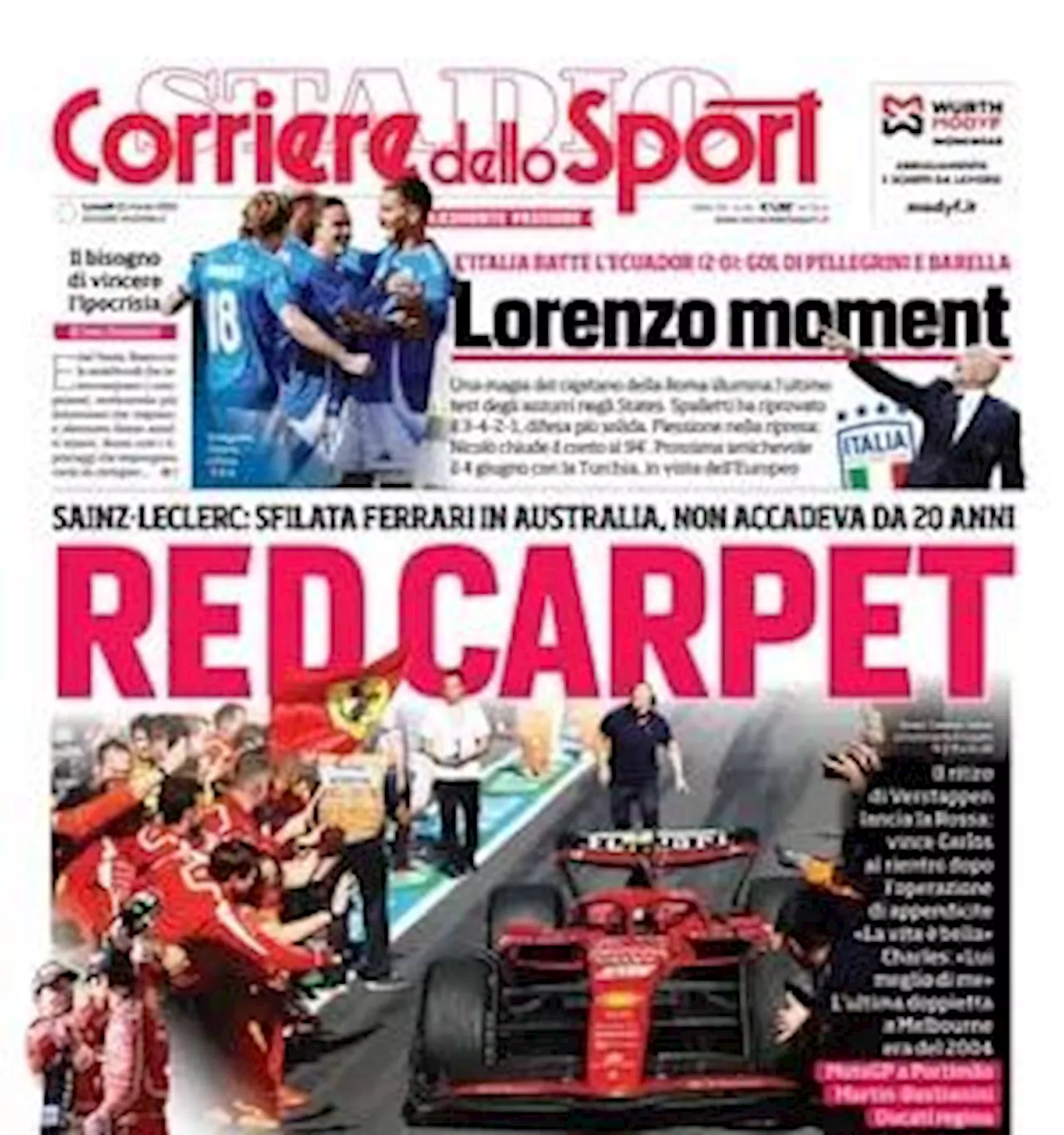 L'apertura del Corriere dello Sport esalta l'Italia e Pellegrini: 'Lorenzo moment'