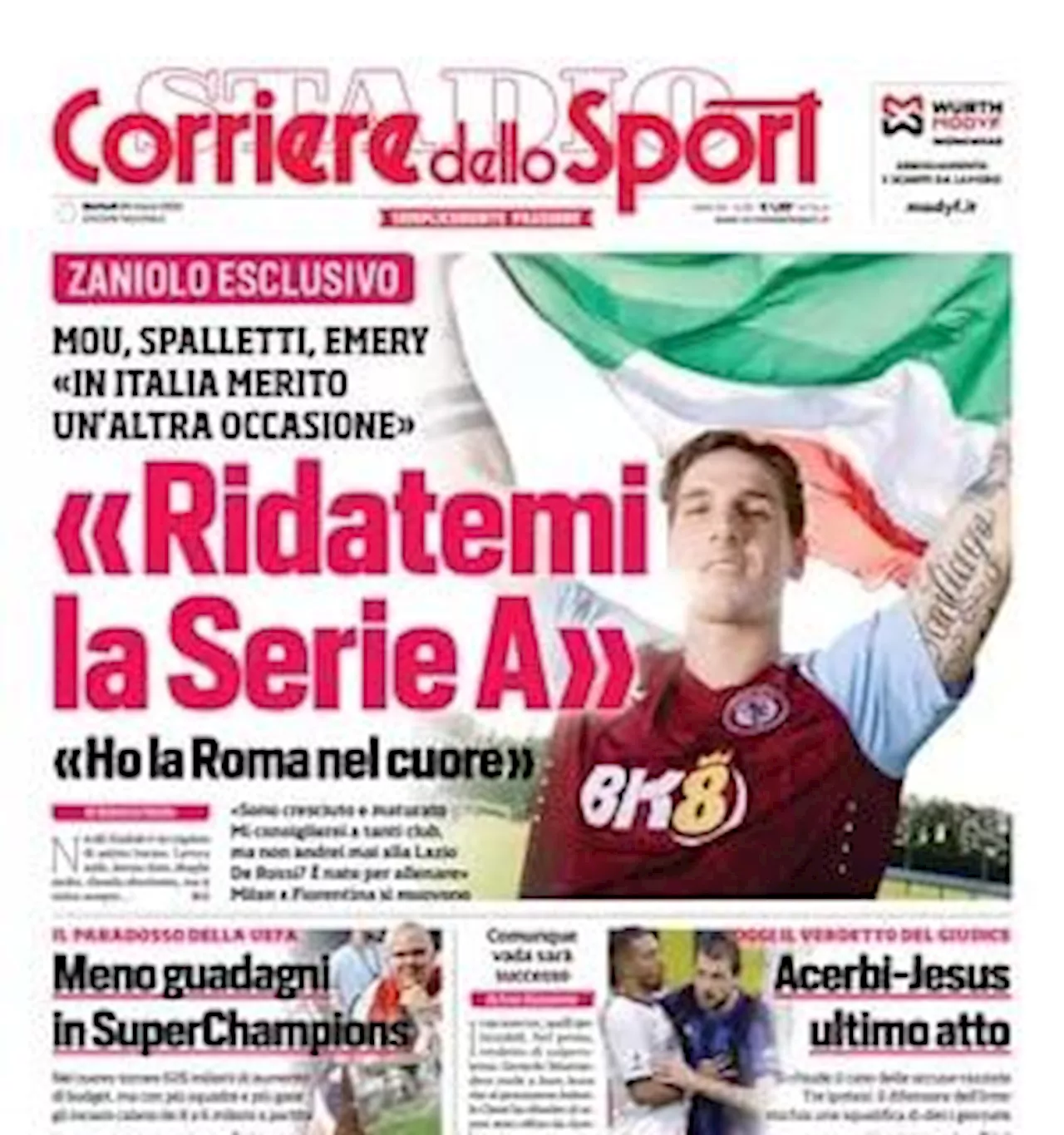 Il Corriere dello Sport apre con l'intervista a Zaniolo: 'Ridatemi la Serie A'