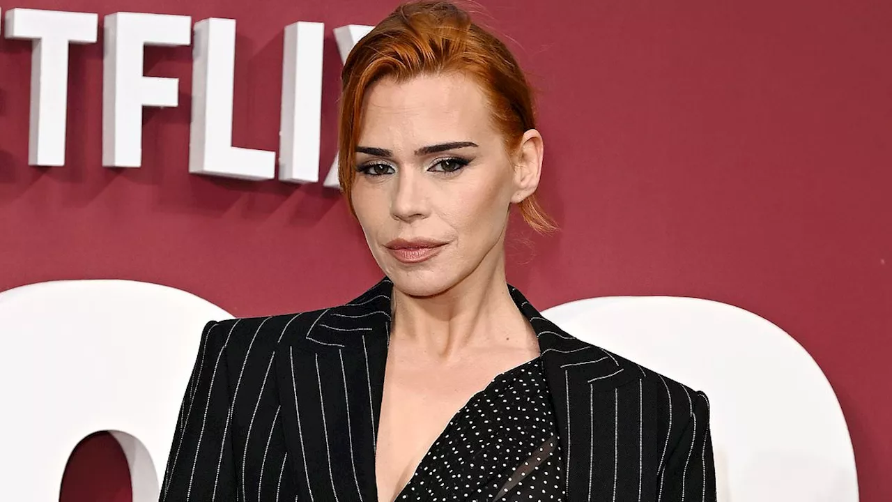 Billie Piper looks sensational as she puts on a VERY leggy display in pinstripe suit alongside...