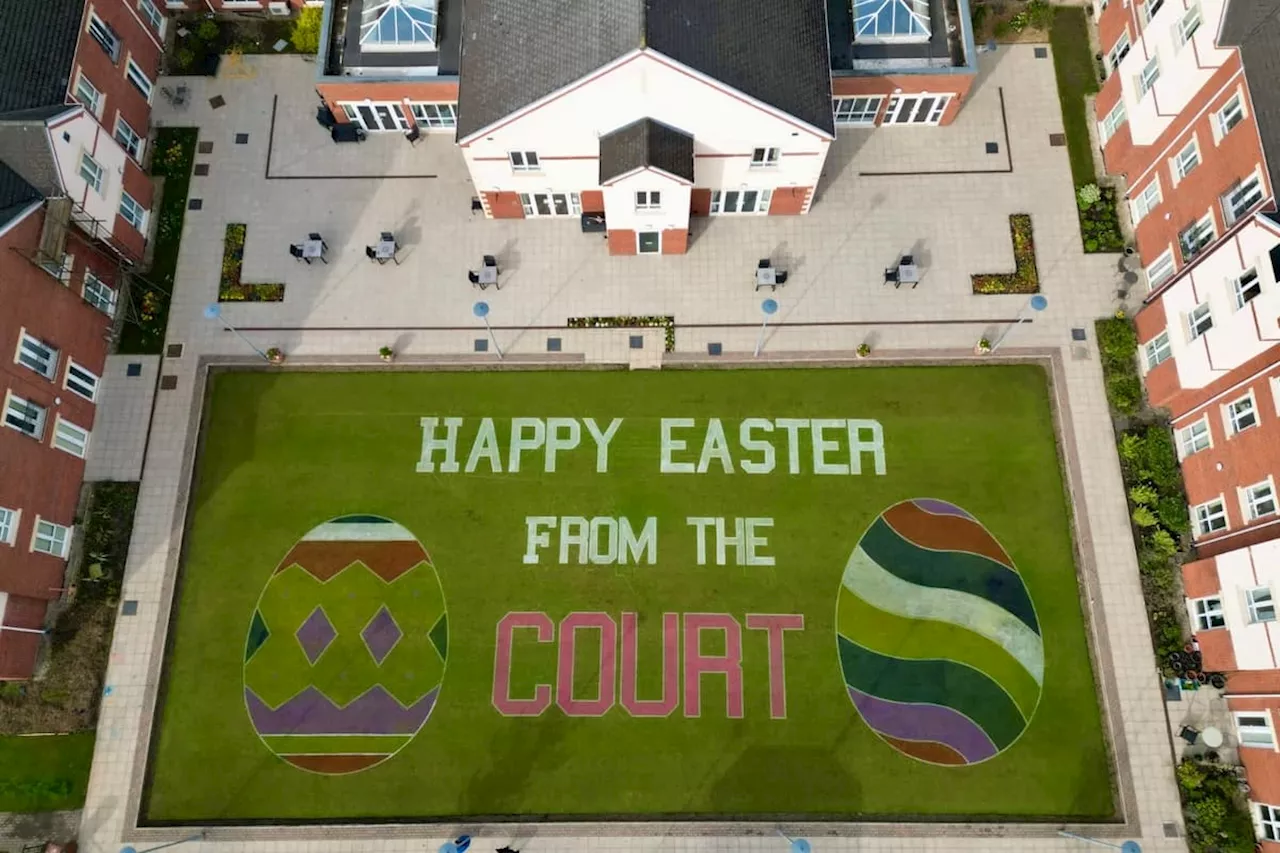 Chorley schoolchildren create huge Easter egg design on bowling green at Buckshaw Retirement Village